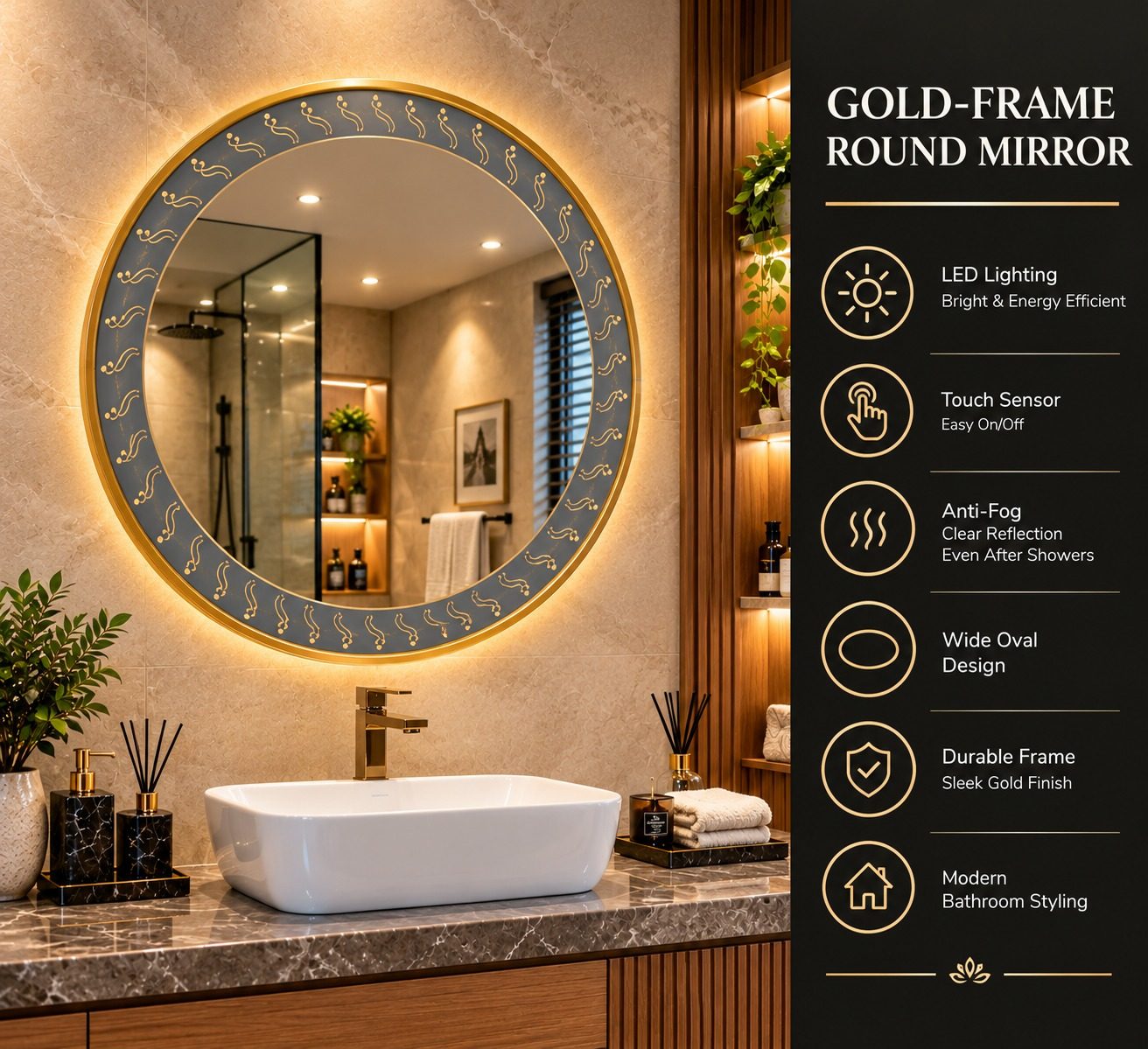 GOLD-FRAME ROUND MIRROR LED-1176